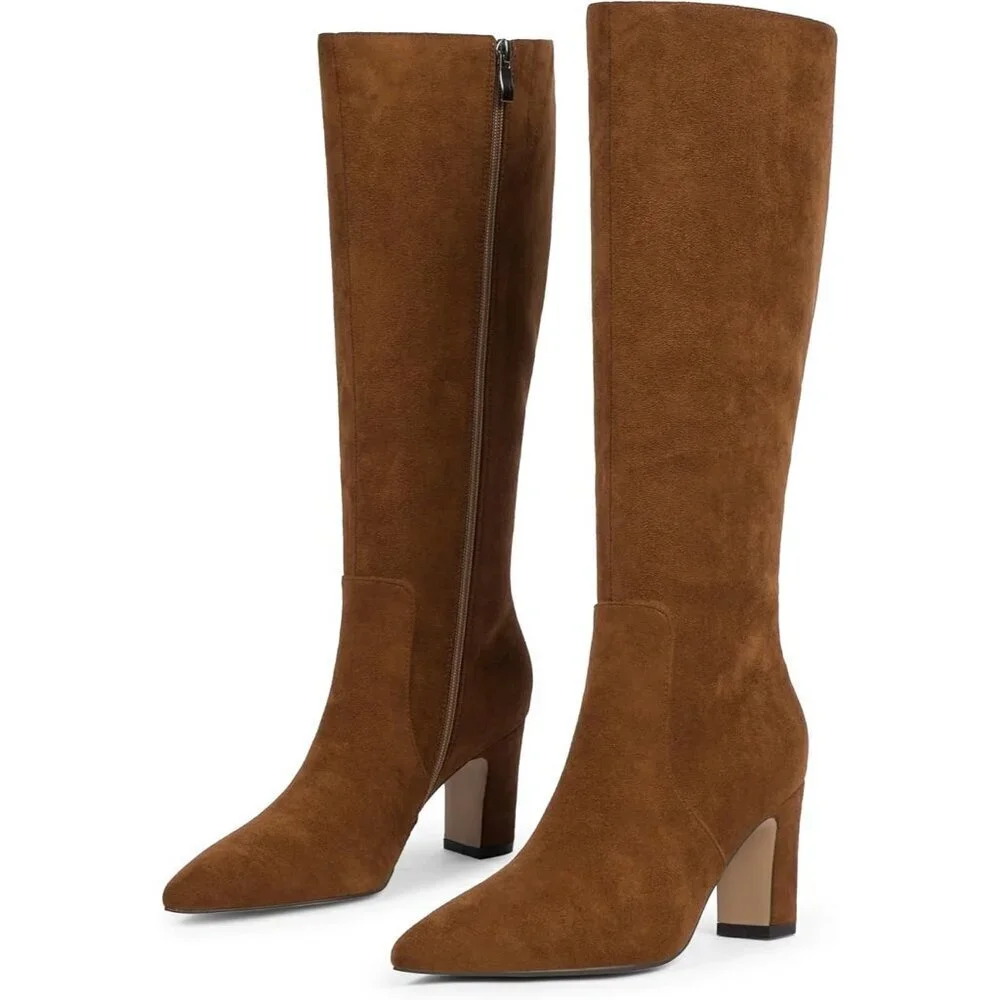Women Brown Chunky Heel Pointed Toe Side Zipper Fall Dressy Comfortable Boots
